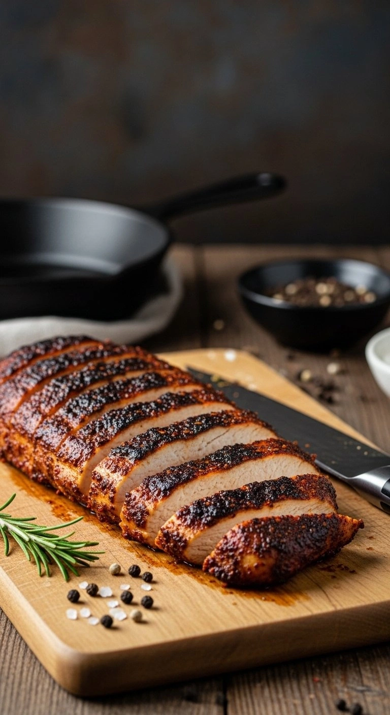 Sliced Blackened Grilled Chicken Breast Seasoned With Dark Spices On A Rustic Wooden Cutting Board In A Homey Kitchen.