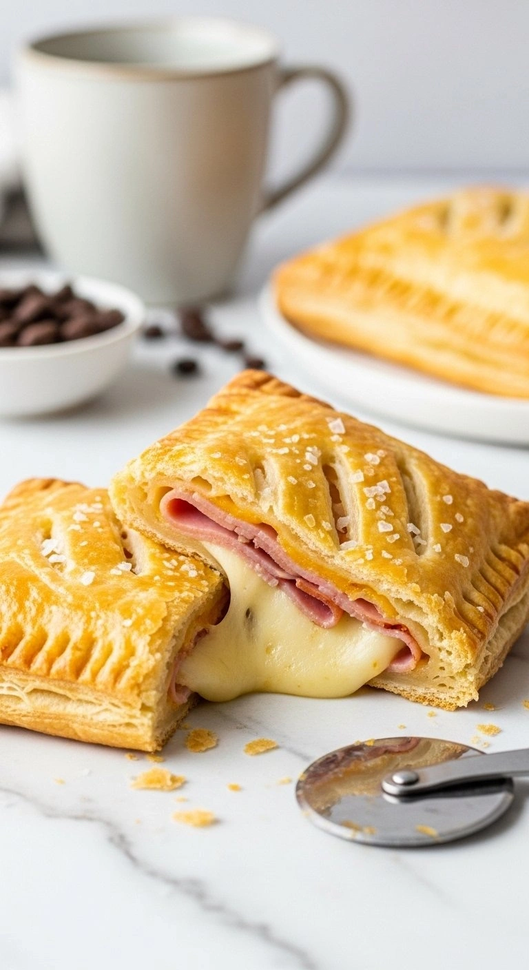 Sliced Ham And Swiss Cheese Puff Pastry Melt With A Gooey Cheese Pull On A White Marble Countertop With Coffee.
