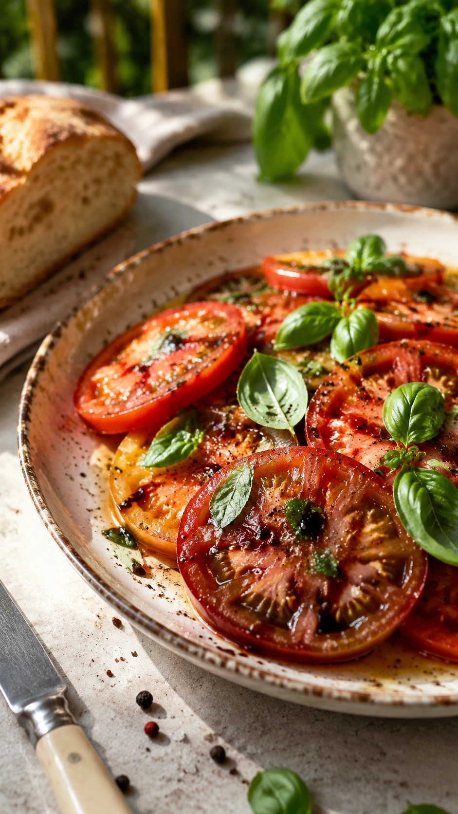 Sliced heirloom tomatoes with fresh basil and balsamic glaze on a vintage ceramic plate for an elegant alfresco dinner.