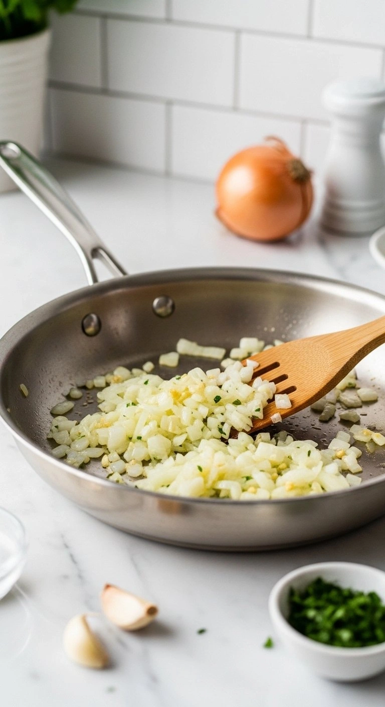 Sliced Onions And Garlic Sautéing In A Stainless Steel Skillet On A Marble Counter For A Fresh, Aromatic Recipe Base.