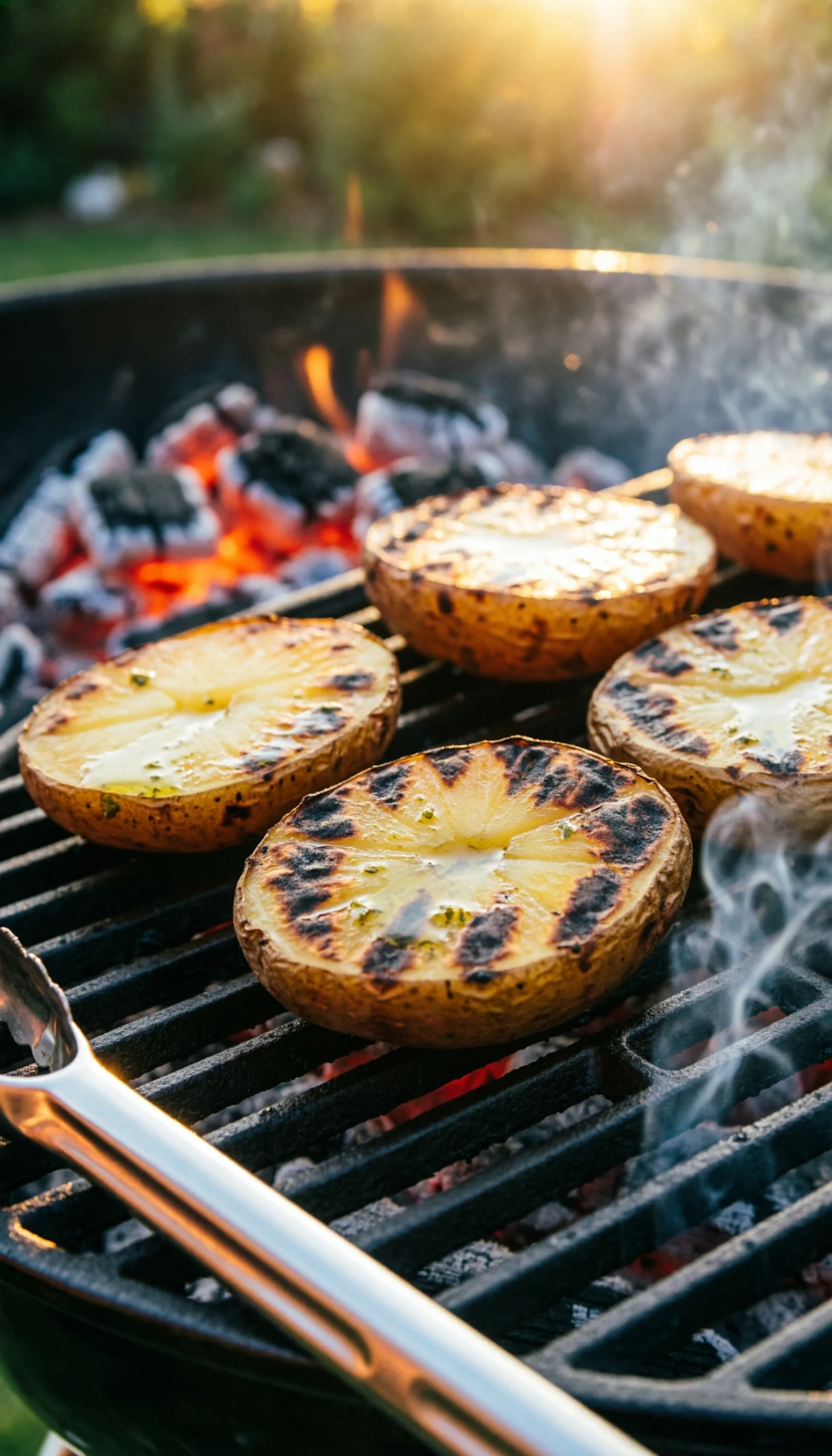 Sliced potatoes with dark charcoal grill marks and herb oil on a cast iron grate with glowing embers background.