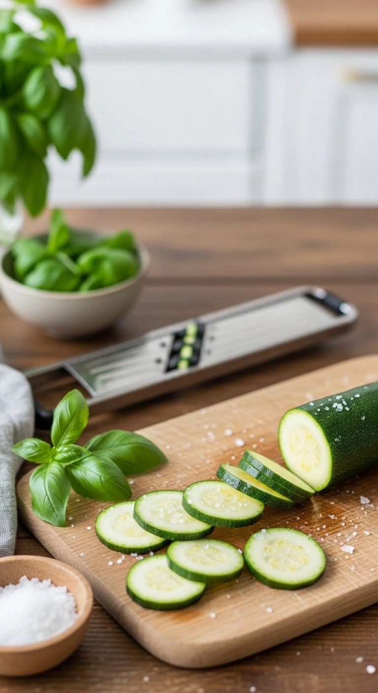 Slices Of Fresh Zucchini With Sea Salt On A Rustic Wood Cutting Board For A Healthy Meal Prep Casserole Recipe.