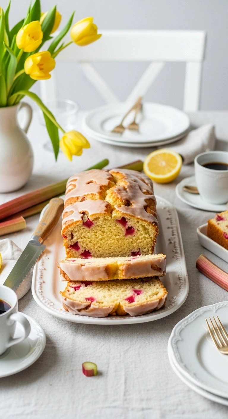 Slices Of Glazed Lemon Rhubarb Bread With Pink Fruit Pieces Arranged On A Ceramic Platter For A Spring Brunch Table.