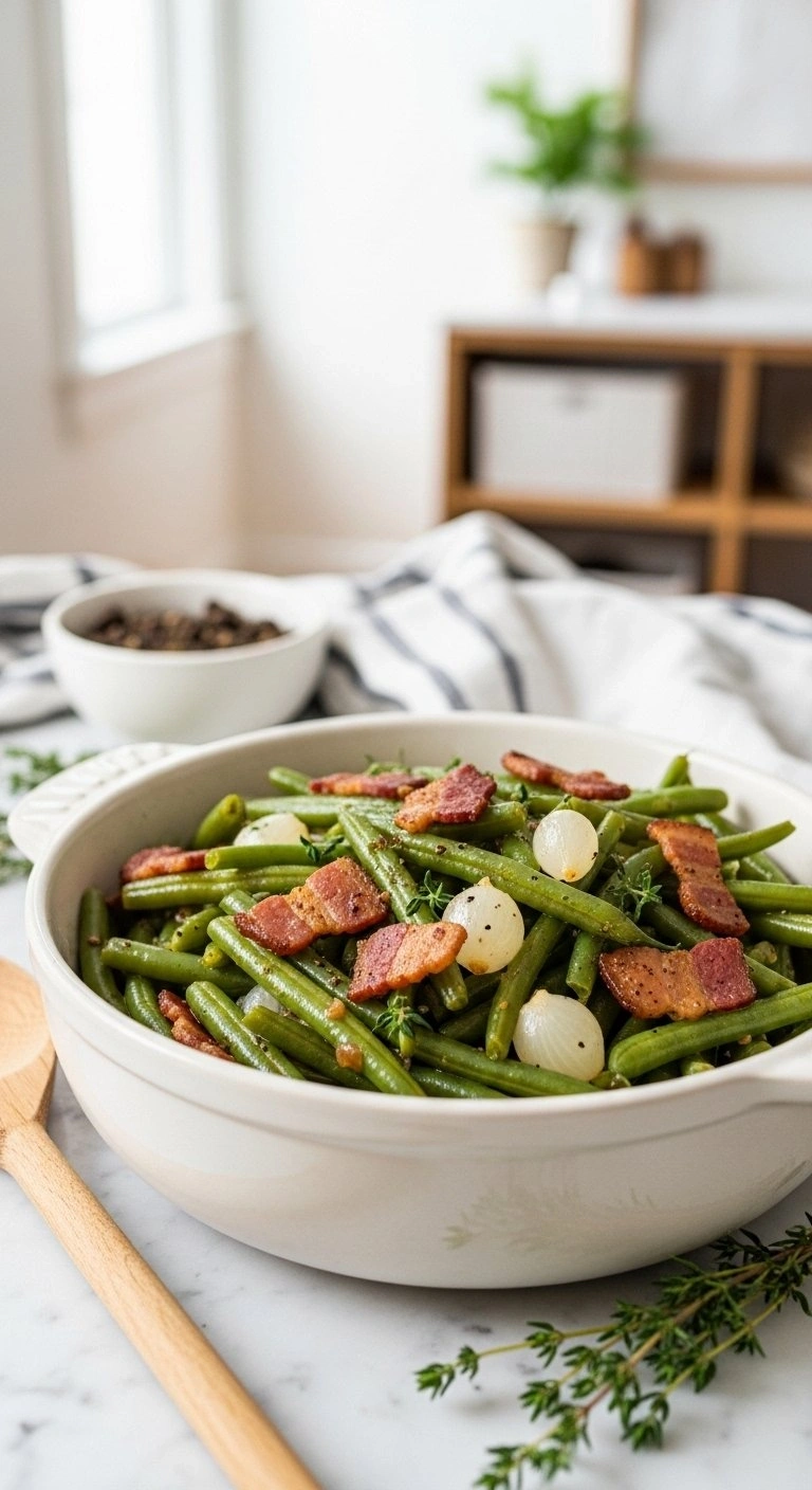 Slow-Cooked Southern Green Beans With Thick-Cut Bacon And Pearl Onions In A Rustic Ceramic Bowl On A Marble Countertop.