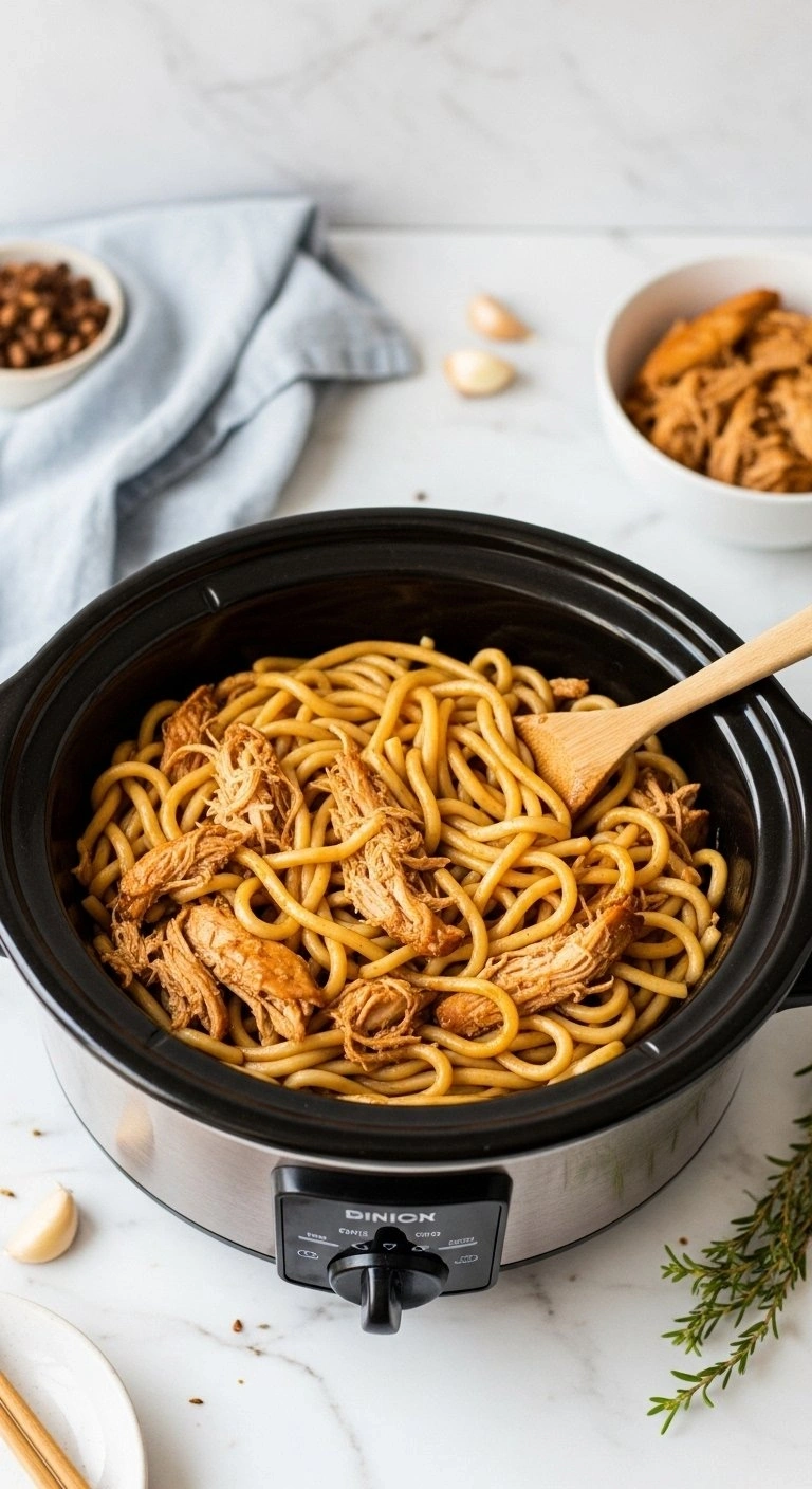 Slow Cooker Sticky Honey Garlic Chicken And Thick Udon Noodles Served In A Ceramic Crock Pot On Marble.