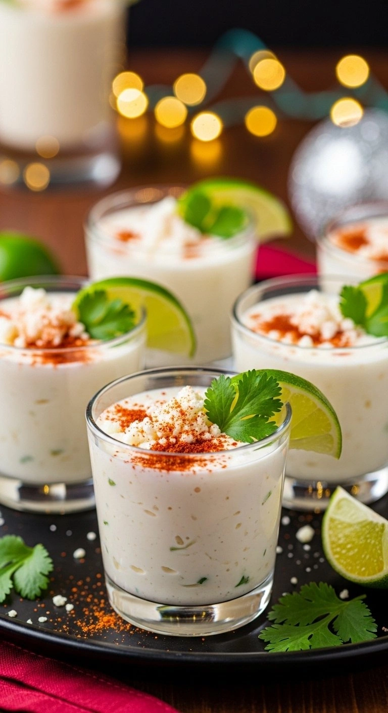 Small Glass Cups Of Creamy Garnished Esquites With Lime And Chili Powder Arranged On A Festive Serving Tray.