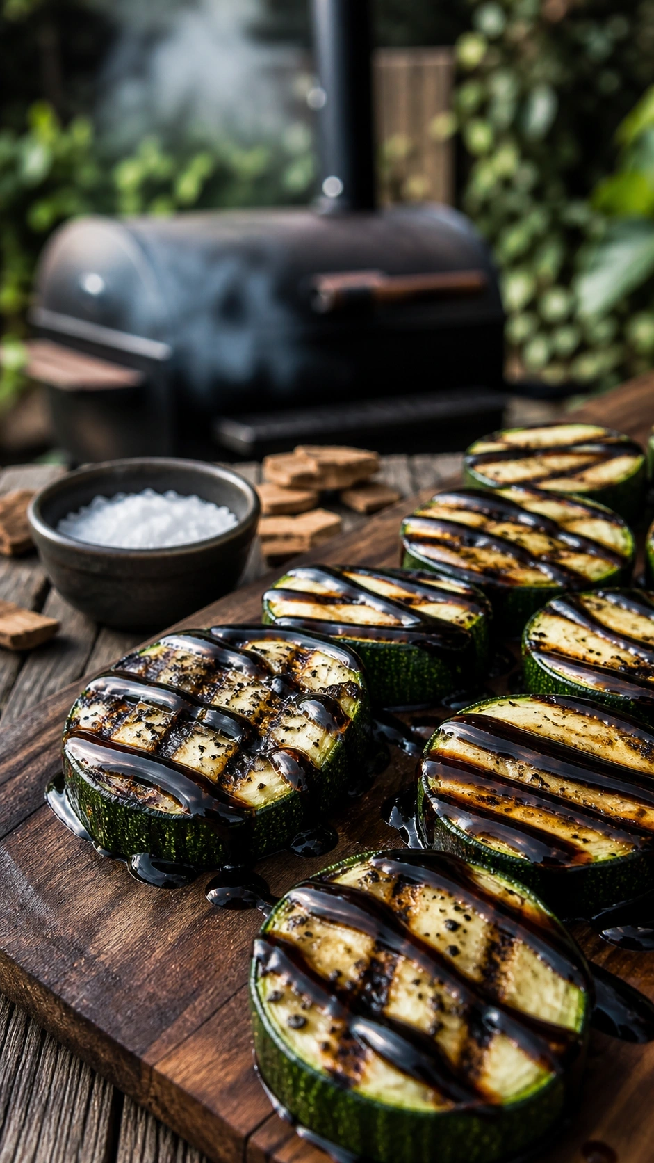 Smoked zucchini slices with grill marks and a glossy balsamic glaze drizzle on a dark walnut wood serving board.