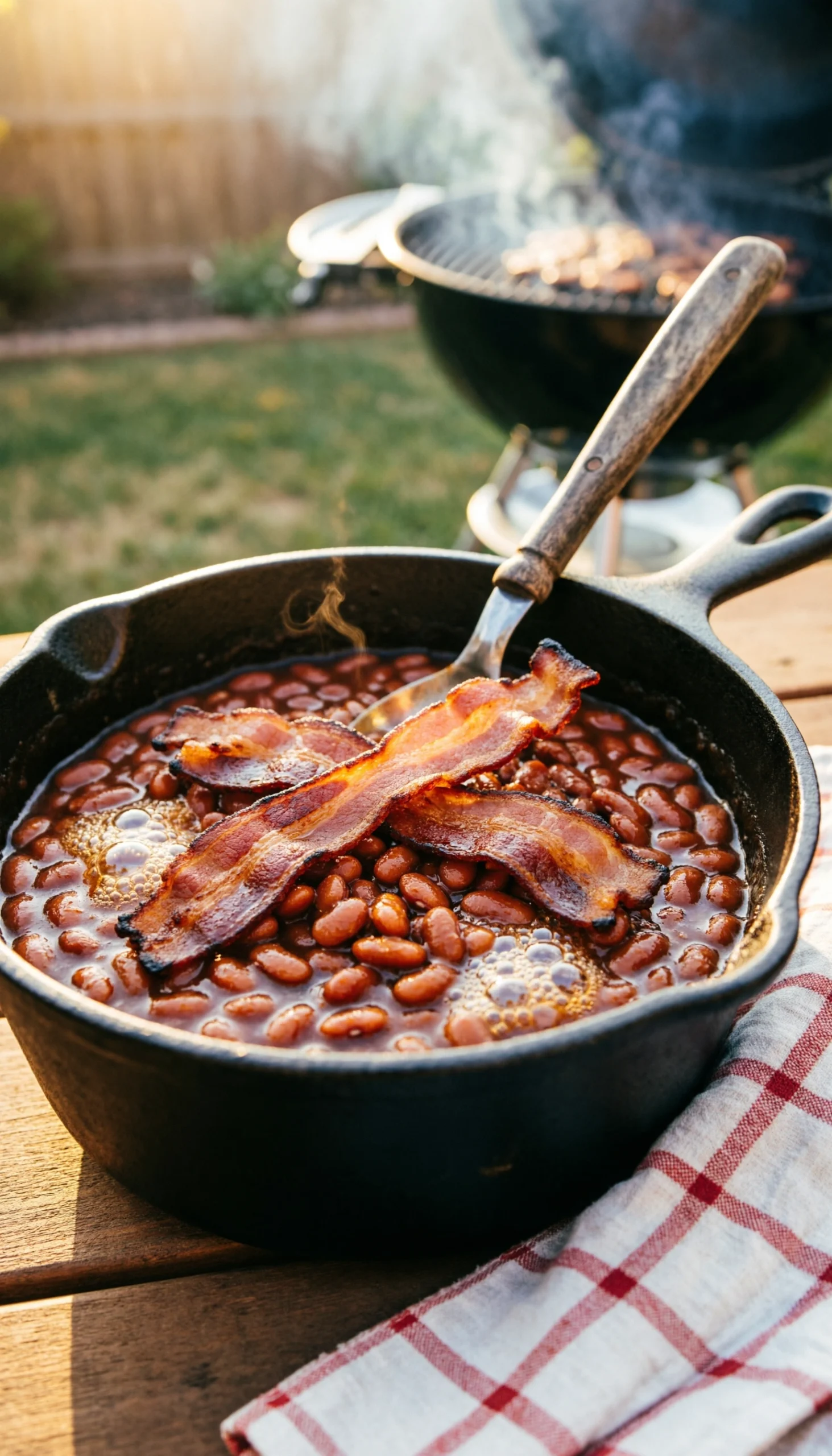Smoky Southern Baked Beans Topped With Crispy Caramelized Bacon In A Cast Iron Dutch Oven At A Backyard Bbq.