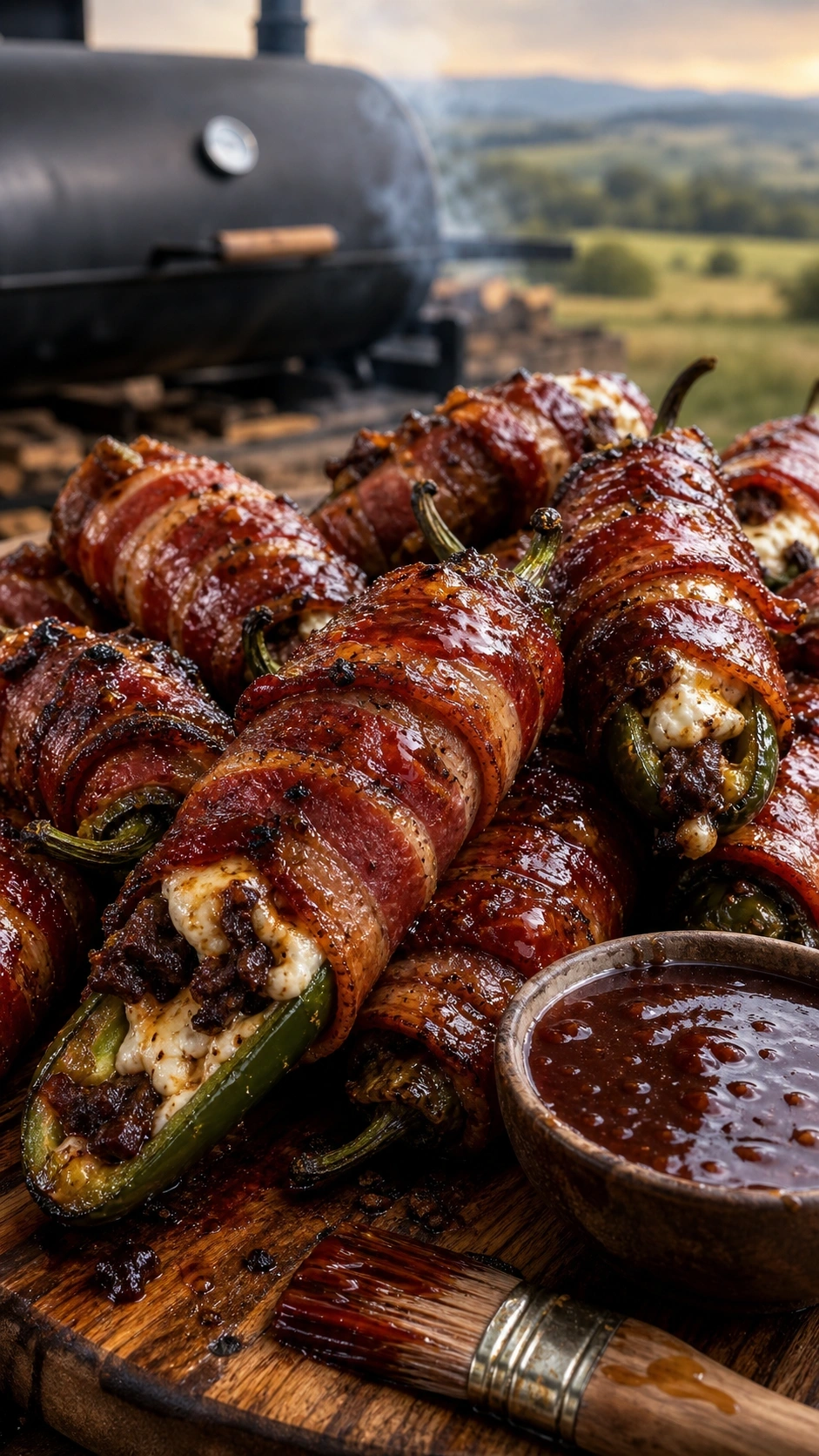 Smoky Texas Twinkies: Bacon-Wrapped Jalapeños With Brisket, Cream Cheese, And Bbq Glaze On A Rustic Cutting Board.