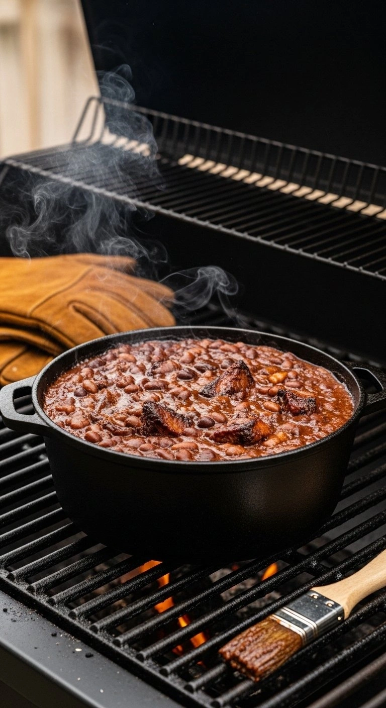 Smoky Texas Ranch Pit Beans With Brisket In A Dutch Oven On A Bbq Smoker, Featuring A Rich Caramelized Sauce.