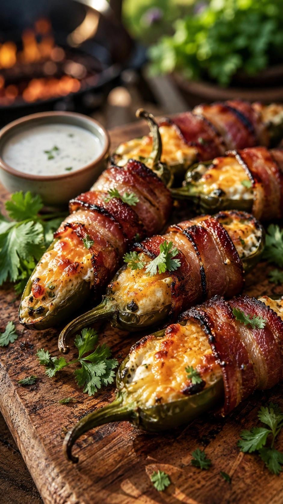 Smoky bacon-wrapped jalapeño poppers filled with melted cream cheese and cheddar on a rustic wooden serving board.