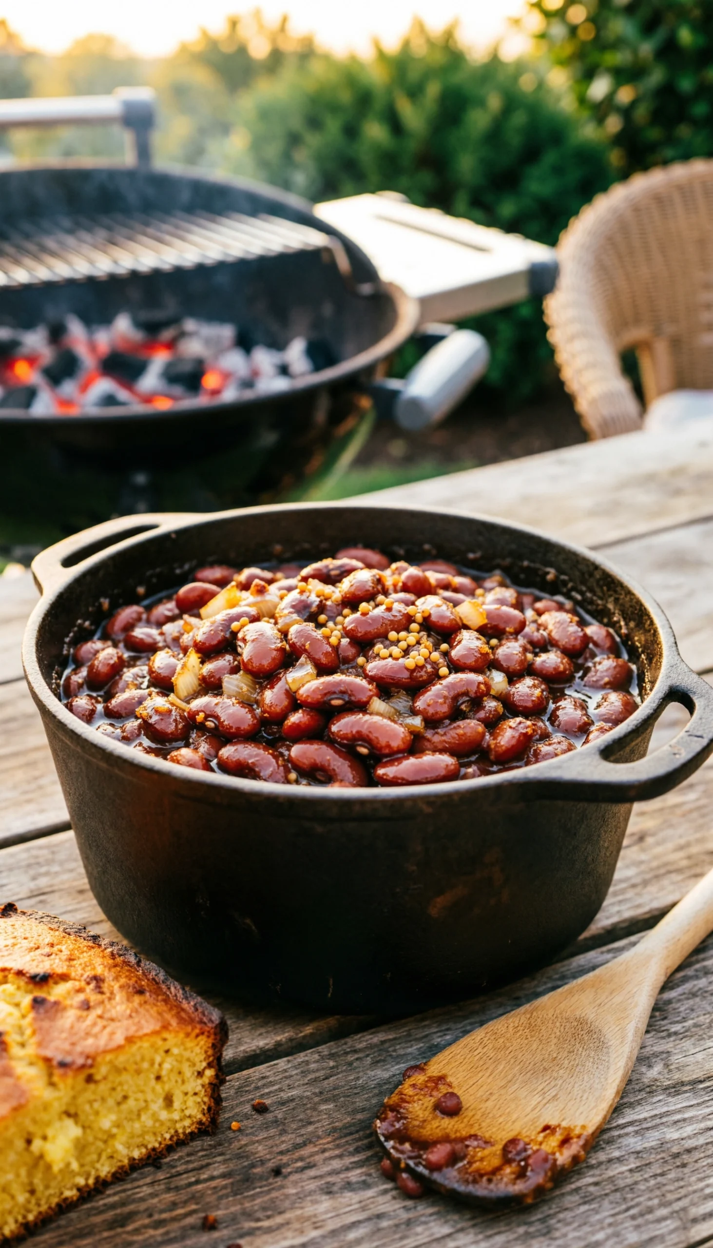 Smoky baked beans with a molasses glaze in a cast-iron Dutch oven on a rustic wooden table for a traditional BBQ.