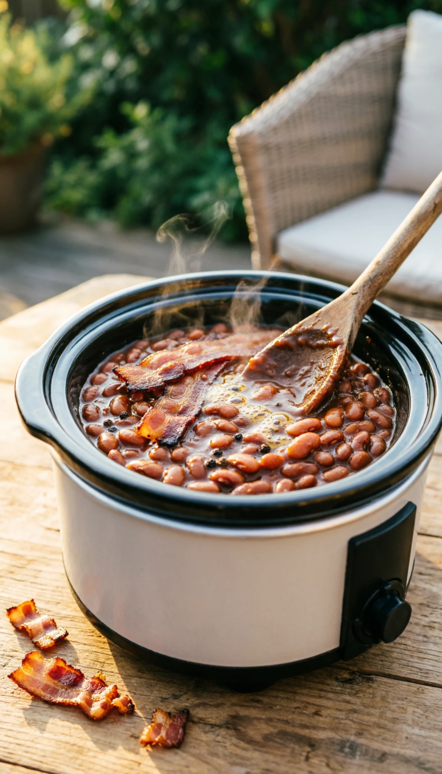Smoky baked beans with caramelized bacon and thick molasses sauce in a portable slow cooker on a rustic table.