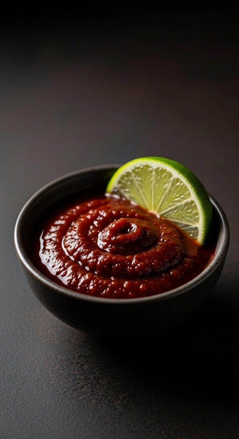 Smoky Chipotle-Lime Sauce In A Small Bowl With A Fresh Lime Wedge On A Dark Textured Surface For A Moody Food Aesthetic.