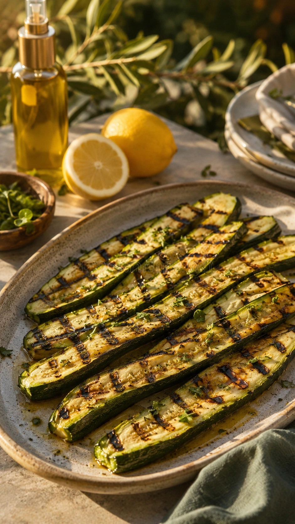 Smoky grilled zucchini spears with dark char marks and fresh lemon on a neutral stone surface for outdoor dining.