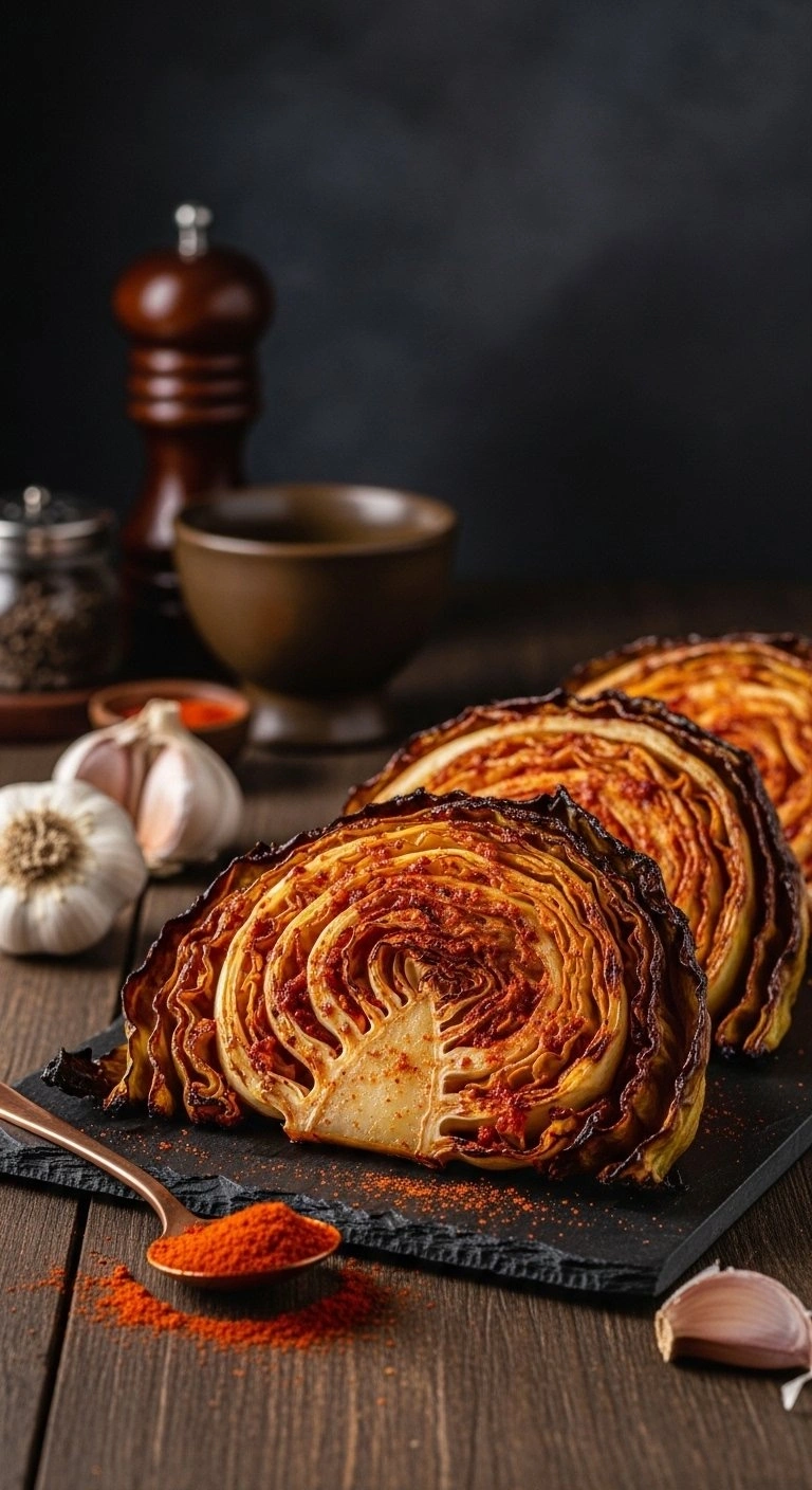 Smoky Paprika And Garlic Cabbage Steaks With A Reddish-Orange Crust On A Dark Slate Board In A Moody Kitchen Setting.