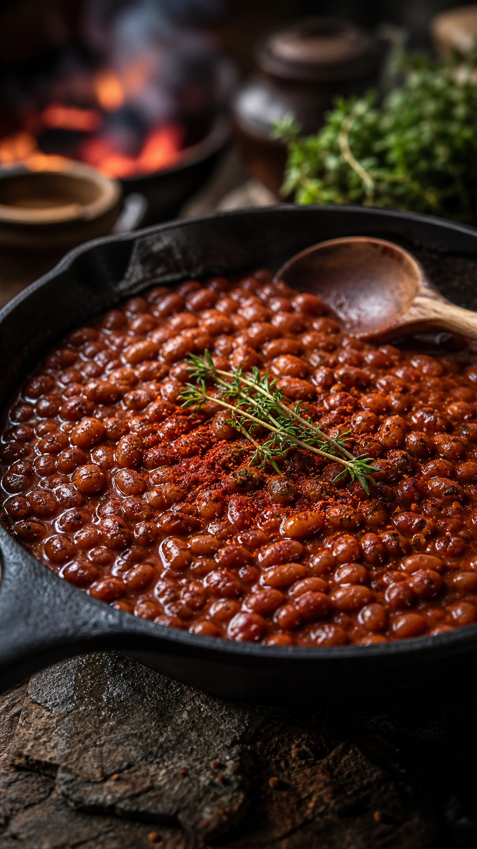Smoky vegan BBQ baked beans simmering in a rustic cast-iron skillet topped with fresh thyme on a stone surface.
