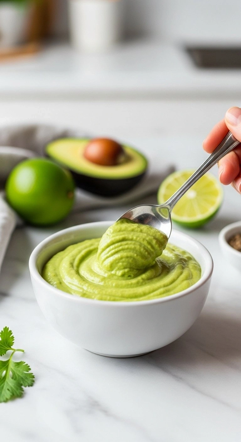 Smooth Avocado Crema In A White Ceramic Bowl On A Marble Countertop With Fresh Lime And Cilantro Garnish For A Clean Look.