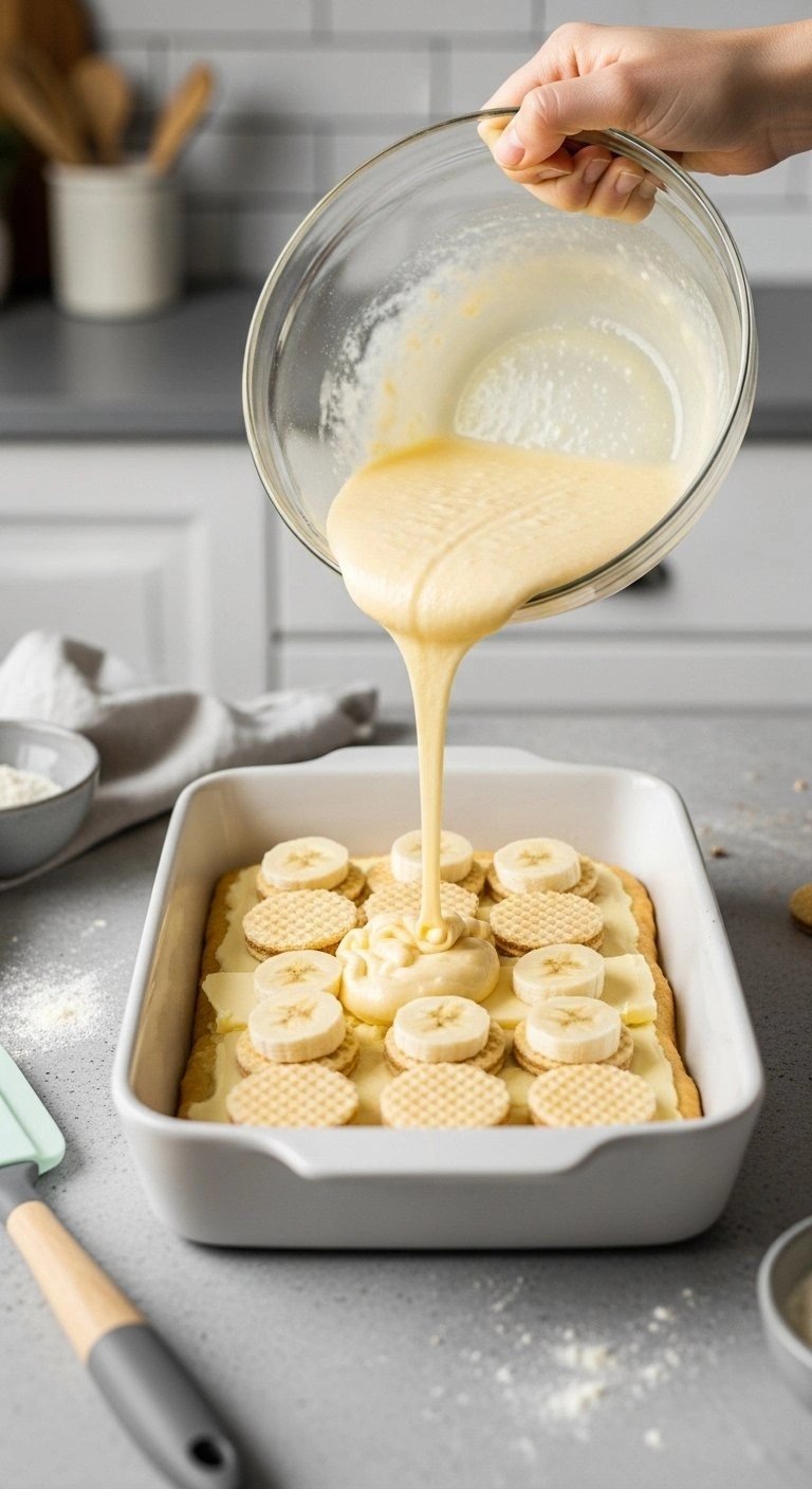 Smooth Pale Yellow Batter Pours From A Glass Bowl Over Layered Bananas And Vanilla Wafers In A Buttered Baking Dish.
