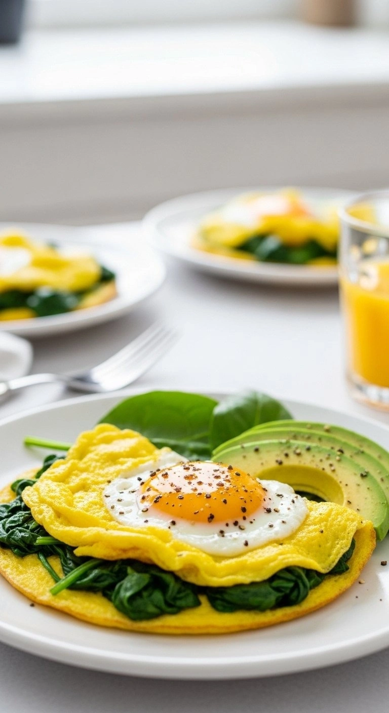 Soft Scrambled Eggs With Spinach And Sliced Avocado On A White Plate With Natural Window Light In A Kitchen Setting.