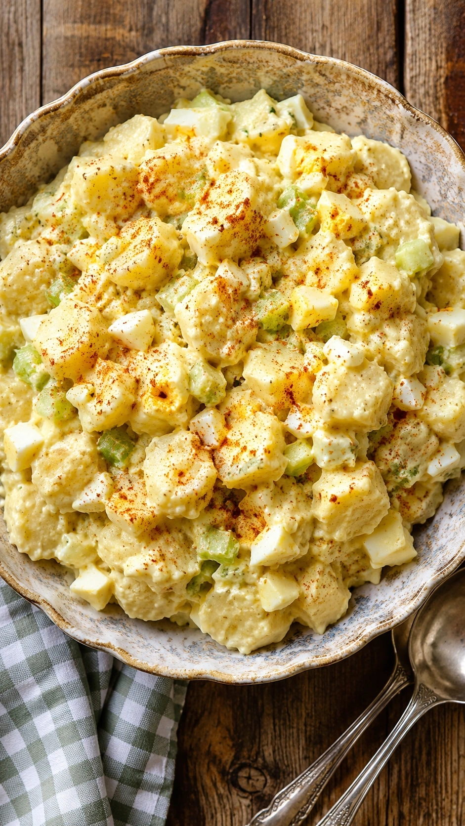 Southern potato salad with tender potatoes, eggs, and celery, dusted with paprika, in an heirloom bowl on a rustic table.