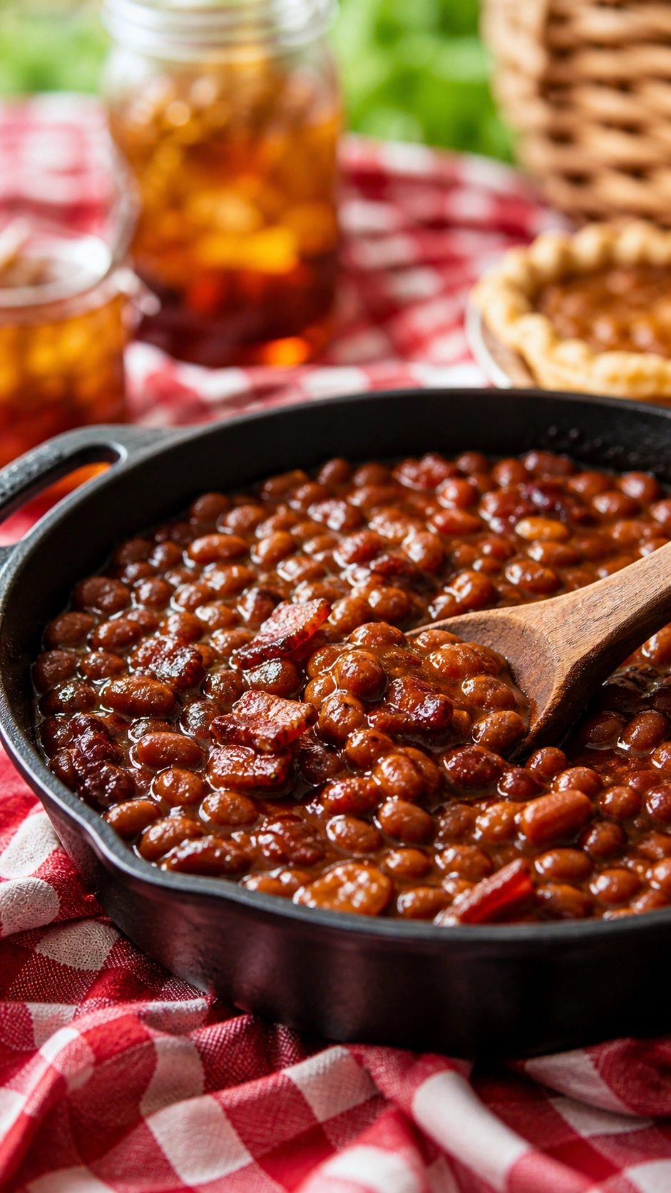 Southern-style BBQ baked beans with bacon in a cast-iron skillet on a red and white checkered blanket.