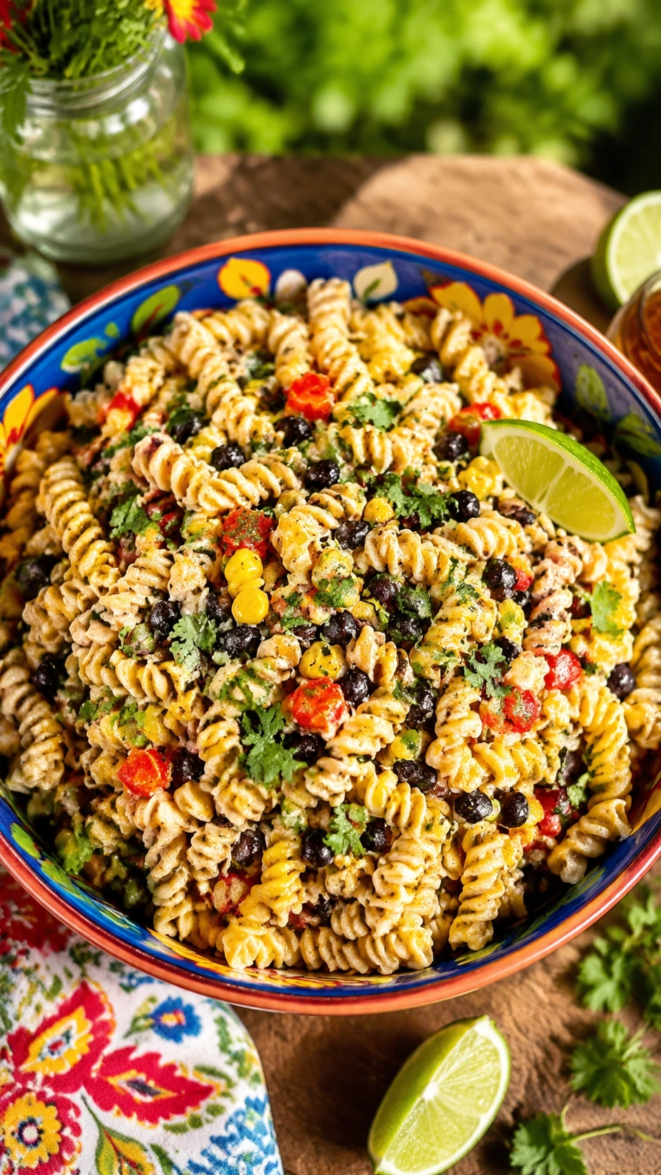 Southwest fusilli pasta salad with black beans, roasted corn, and red peppers in a vibrant bowl for a summer picnic.