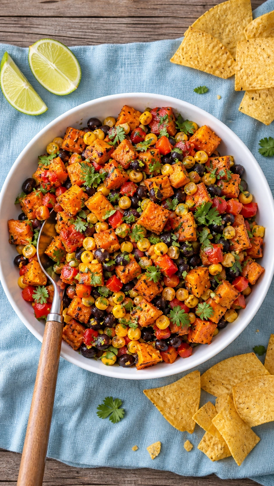 Southwestern sweet potato salad with black beans, corn, and cilantro in a white bowl on a blue linen tablecloth.