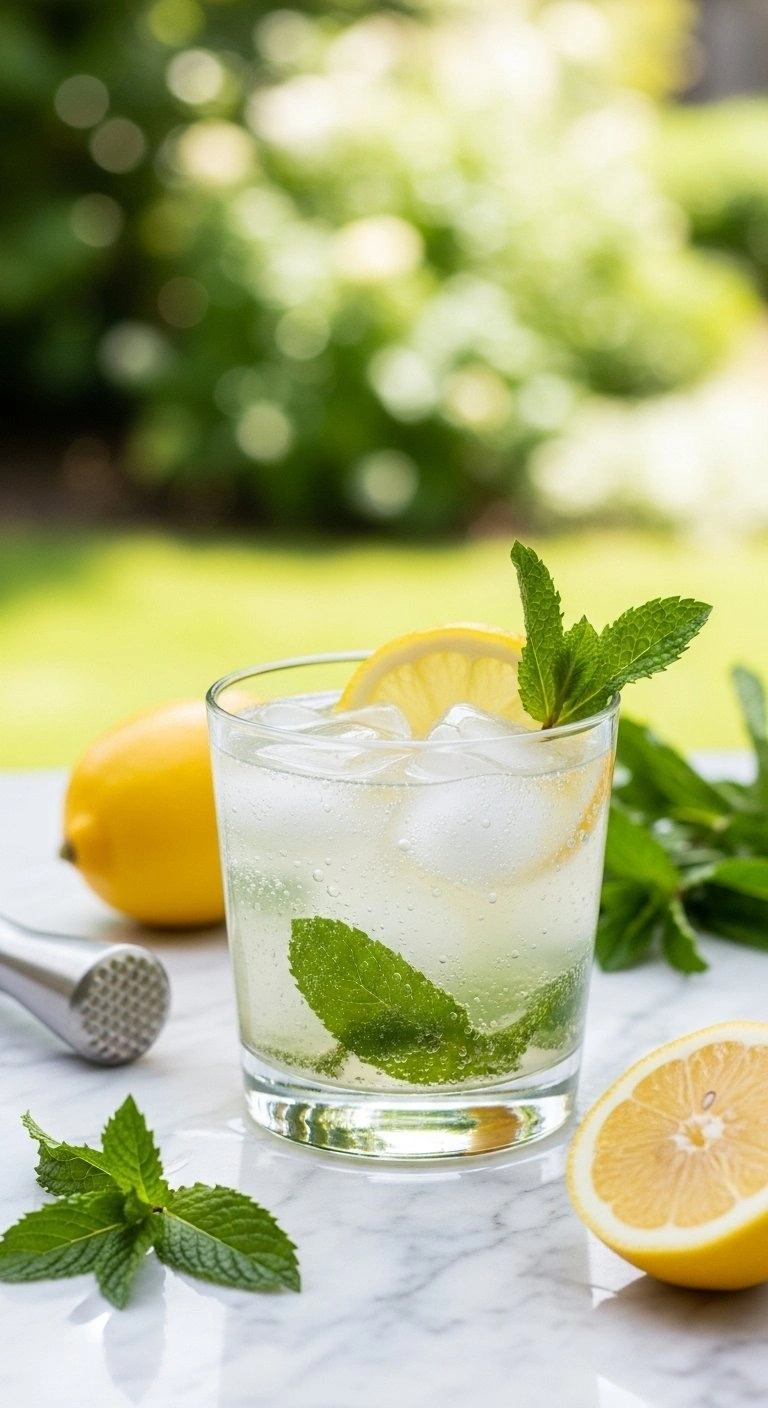 Sparkling Meyer Lemonade With Fizzy Bubbles And Fresh Mint Leaves In A Glass On A Sunny Marble Garden Patio.