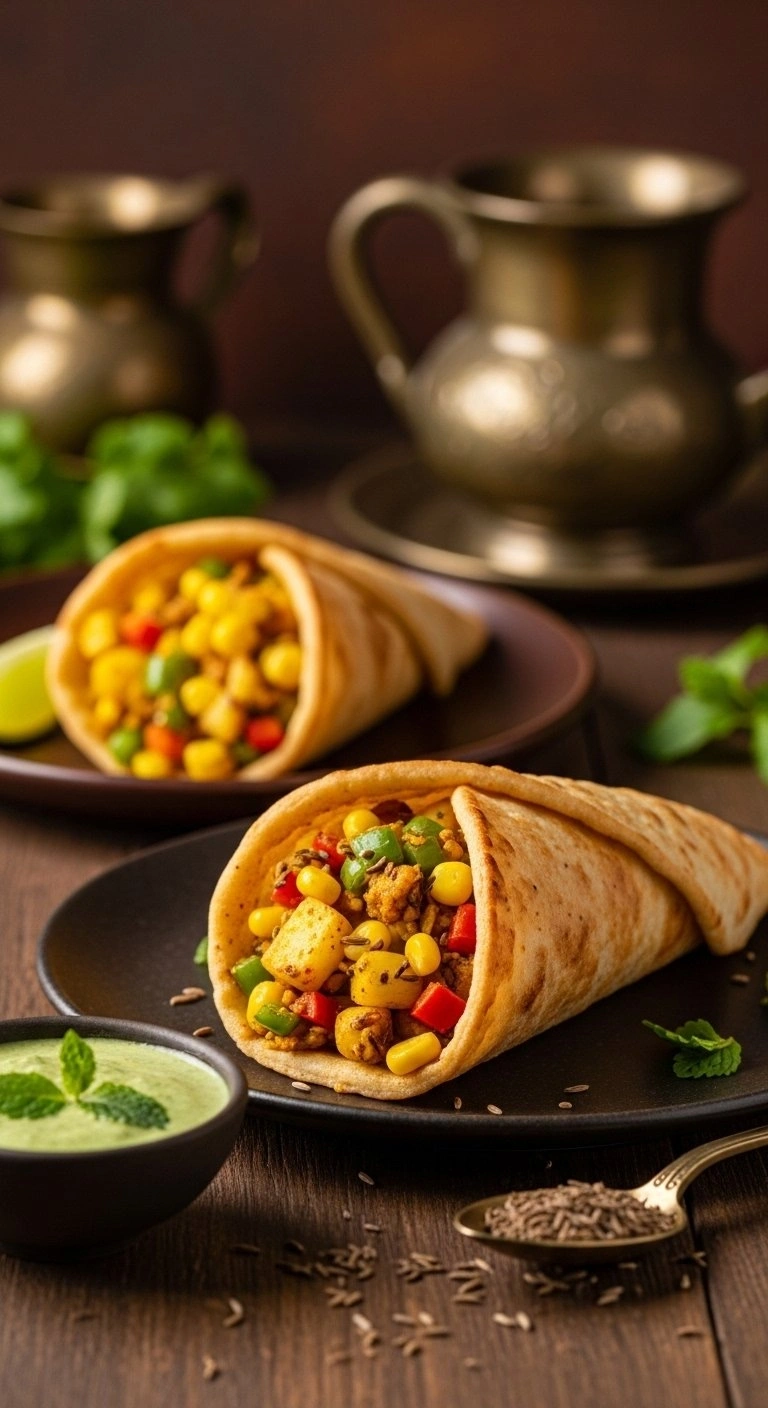 Spiced Vegetable Bread Cone With Corn And Peppers Served With Mint Chutney On A Rustic Table For Ramadan Dinner.