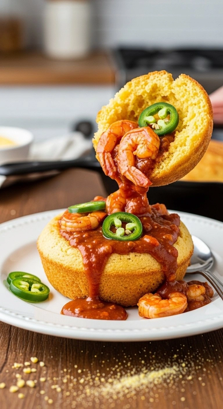 Spicy Cajun Shrimp Chili With Jalapeños Served In A Hollowed Golden Cornbread Bowl On A Rustic Wooden Table.