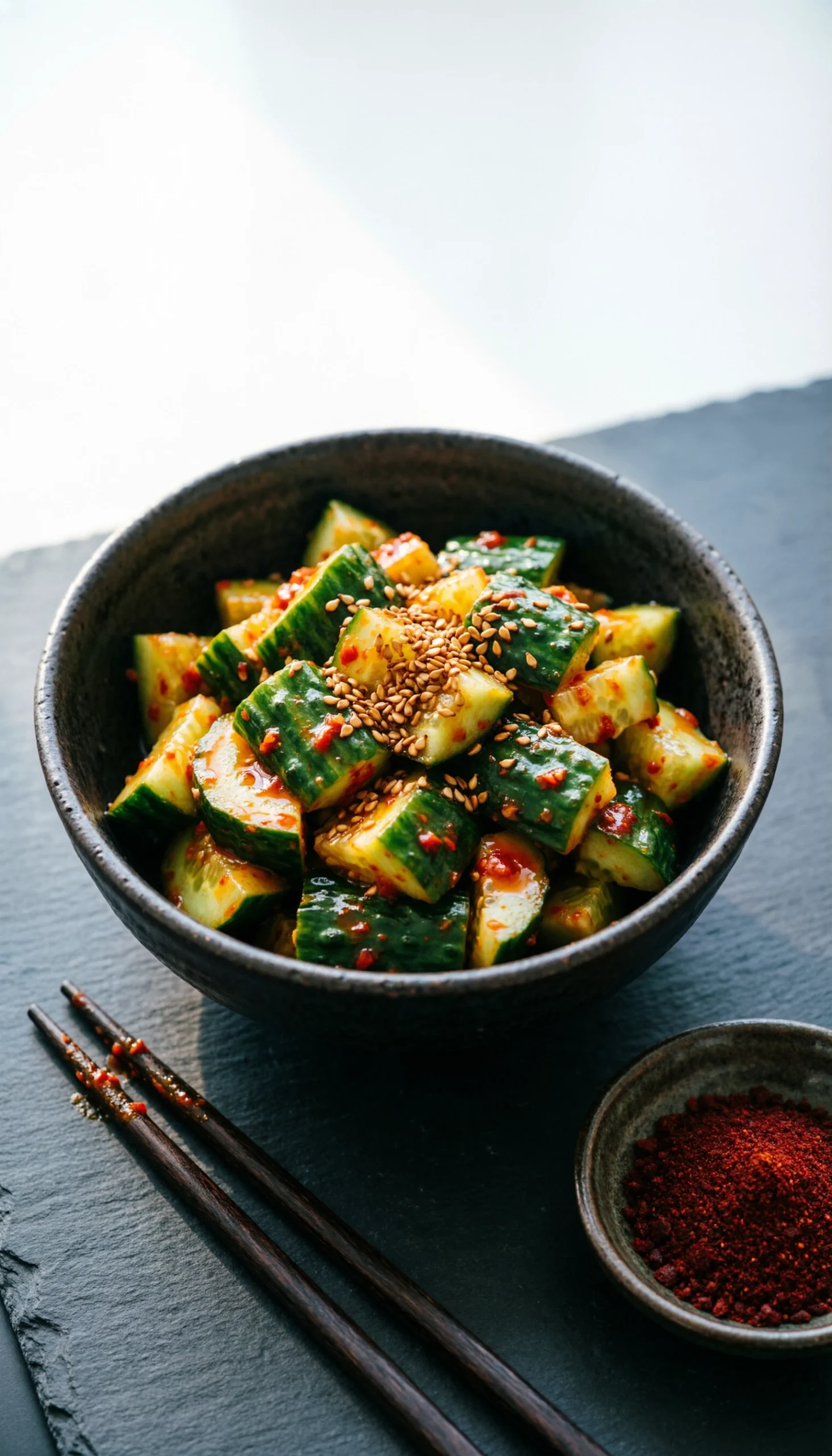 Spicy Korean smashed cucumber salad with red chili dressing and sesame seeds in a dark bowl on a slate surface.