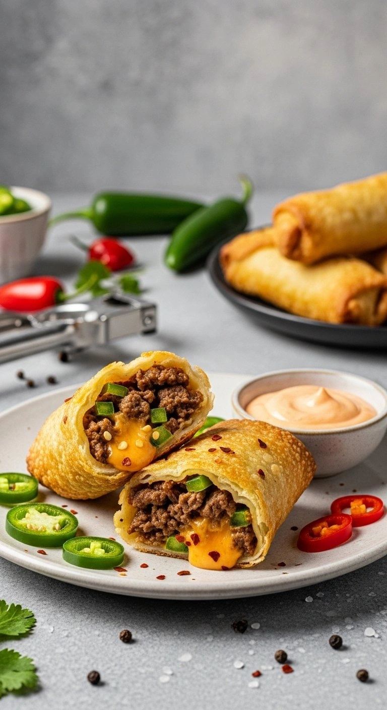 Spicy Baked Jalapeno Cheesesteak Egg Rolls With Melted Pepper Jack Cheese And Steak On A Vintage Ceramic Plate.
