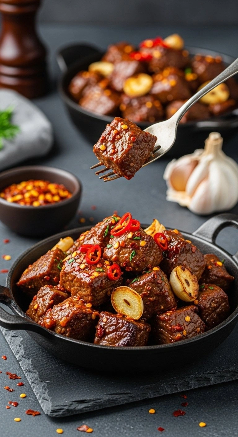 Spicy Chili Garlic Steak Bites With Red Pepper Flakes And Fresh Herbs Served In A Dark Cast Iron Skillet.