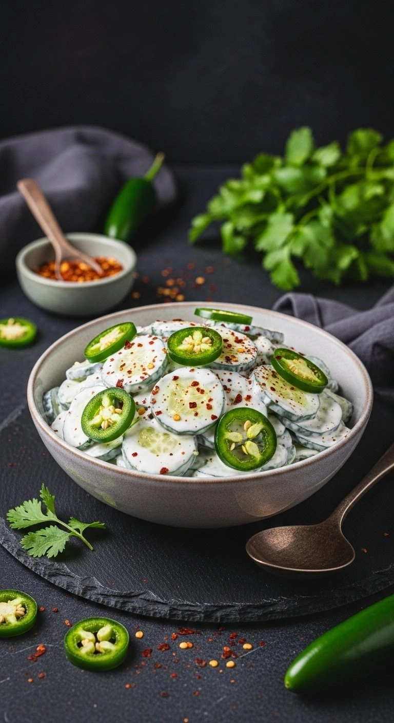 Spicy Creamy Cucumber Salad Topped With Fresh Green Jalapeño Rings And Red Pepper Flakes On A Dark Slate Surface.