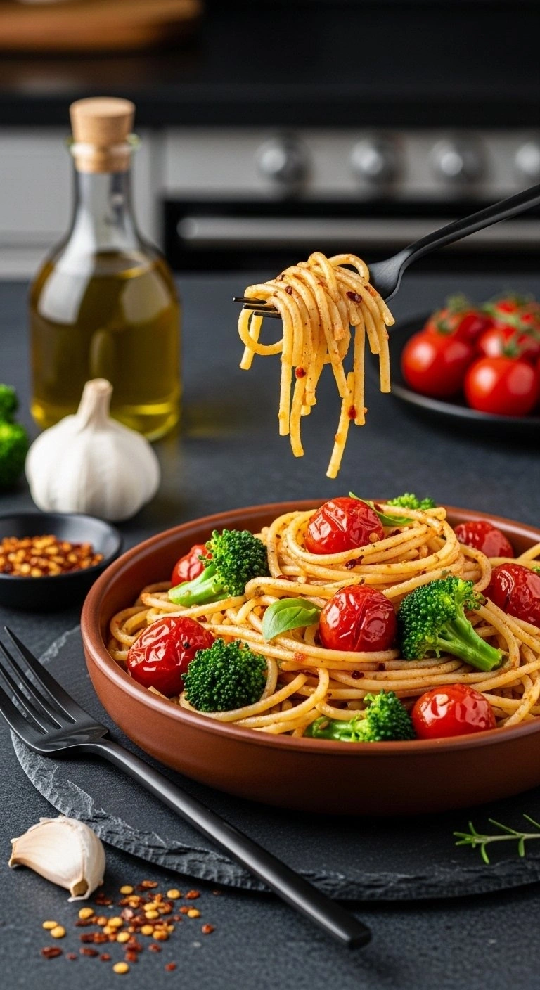 Spicy Garlic And Red Pepper Spaghetti Pasta Primavera With Broccolini And Blistered Tomatoes In A Rustic Bowl.