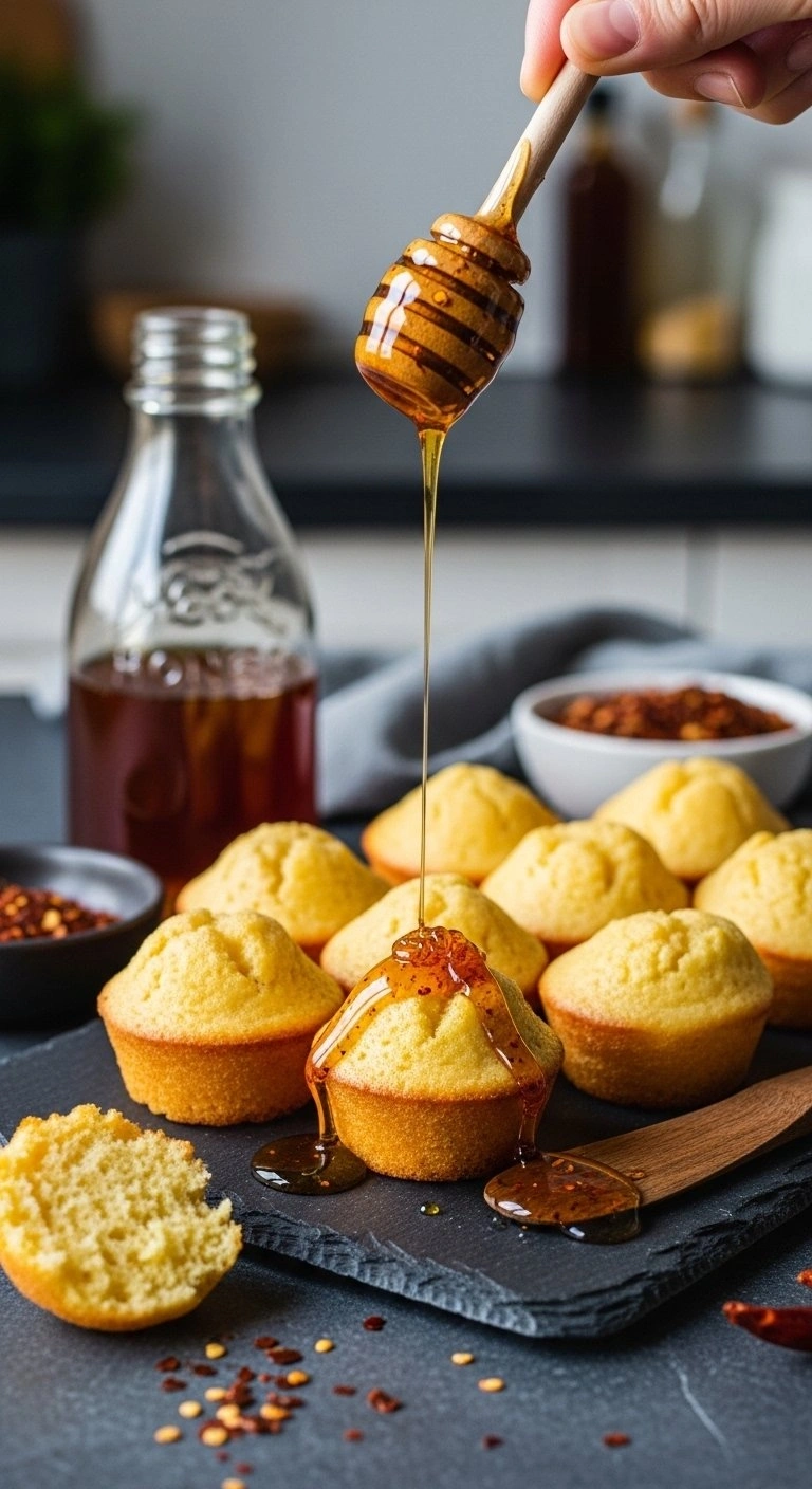 Spicy Hot Honey Cornbread Poppers Are Drizzled With Chili-Infused Honey On A Dark Slate Board In A Moody Modern Kitchen.