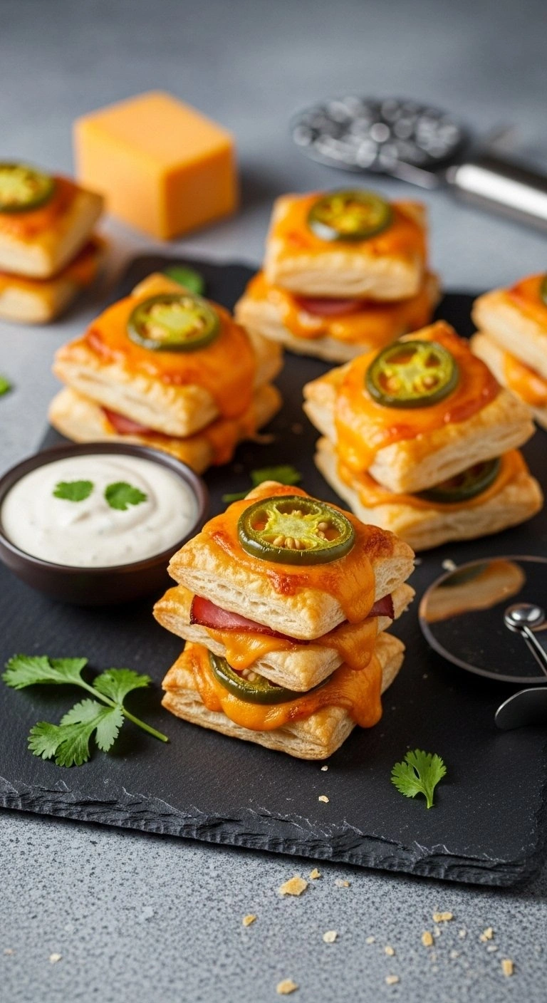 Spicy Jalapeño And Cheddar Ham Puff Pastry Bites On A Dark Slate Board With Ranch Dipping Sauce And Fresh Cilantro.