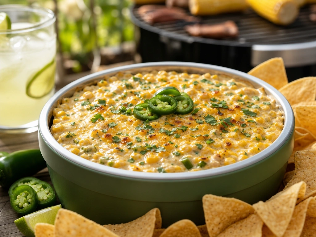 Spicy jalapeño corn dip with roasted kernels and melted cheese in an outdoor bowl, served with corn chips.