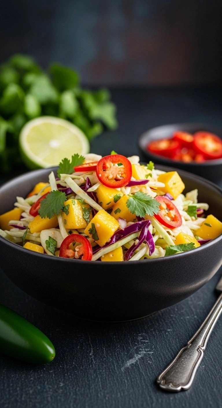 Spicy Mango Slaw With Red Jalapeño And Cilantro In A Dark Stoneware Bowl On A Textured Slate Background With Lime.