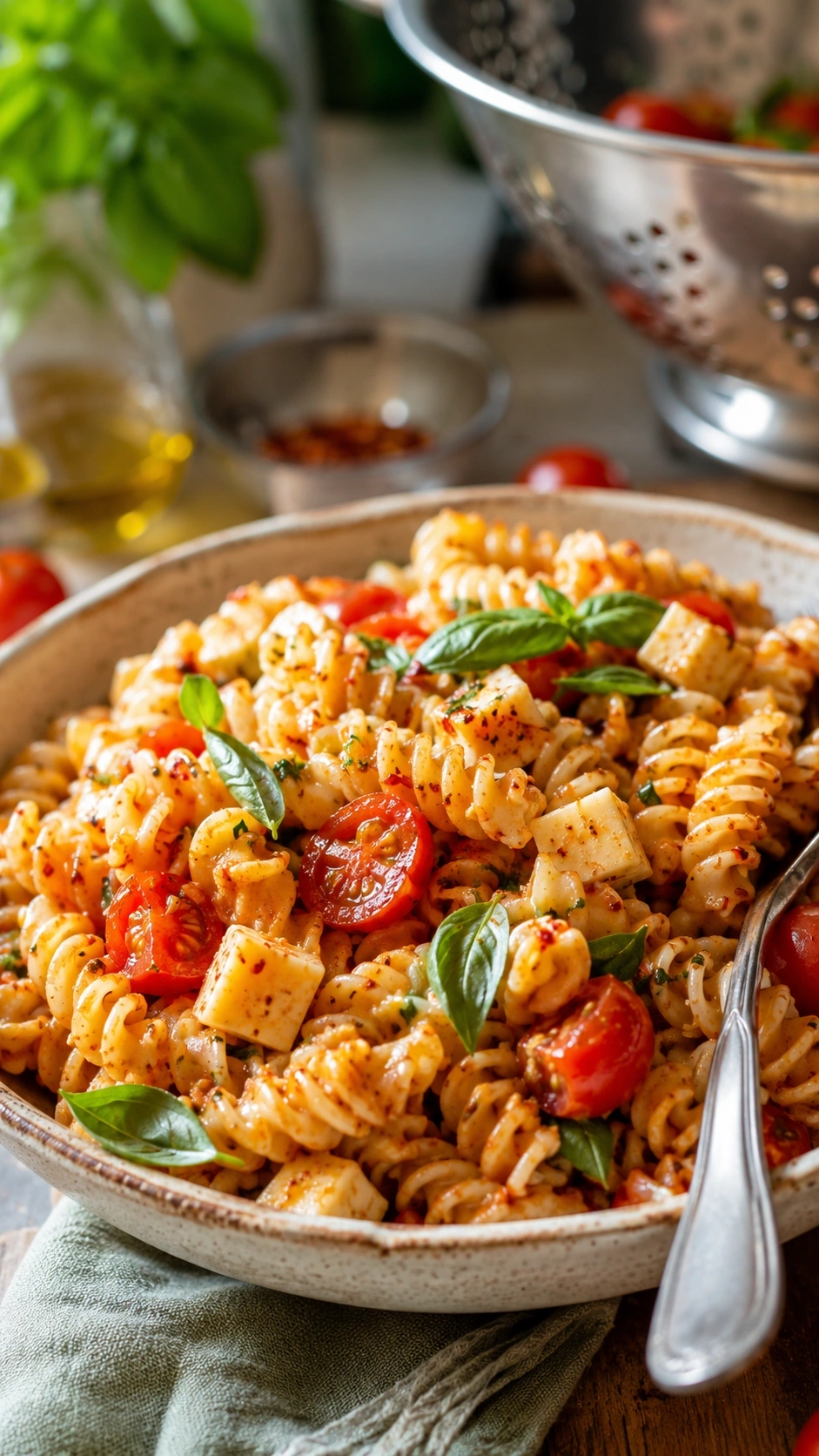 Spicy pasta salad with rotini, smoked gouda, cherry tomatoes, and basil in a vintage ceramic bowl with a fork.