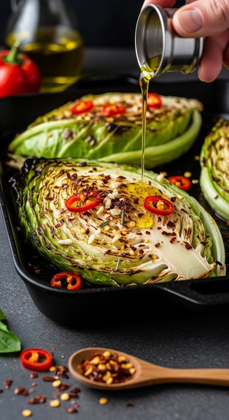 Spicy Red Pepper And Garlic Cabbage Steaks With Charred Edges On A Seasoned Cast Iron Pan Over A Rustic Stone Surface.
