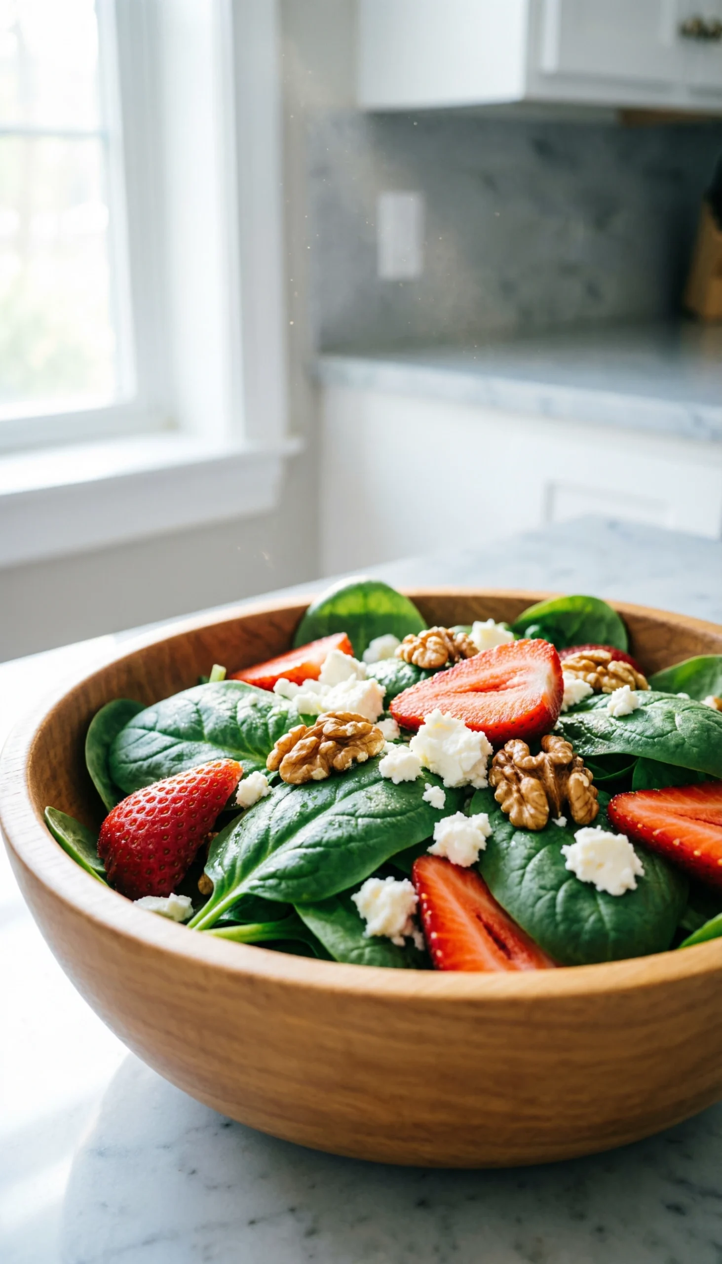 Spinach and strawberry salad with walnuts and goat cheese in a wooden bowl against a blurred kitchen backdrop.