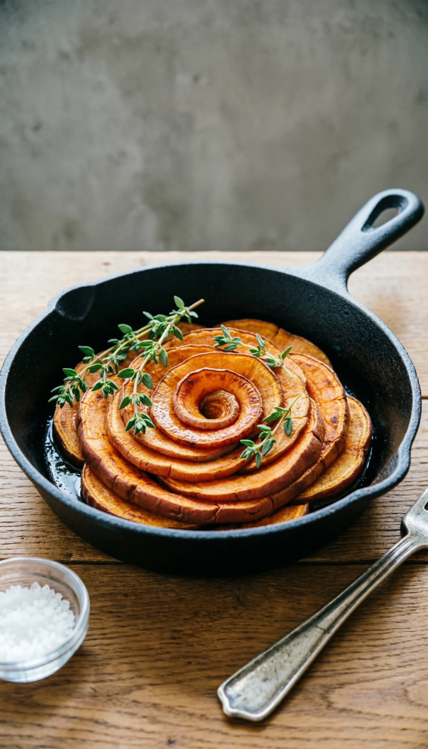 Spiral sliced sweet potato bake with caramelized edges in a black cast iron skillet garnished with fresh thyme.