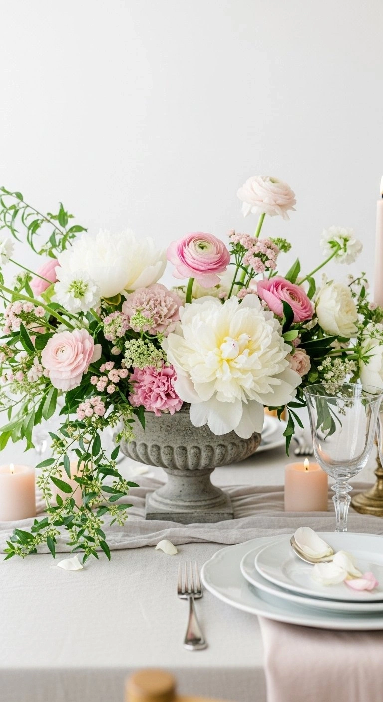 Spring Floral Centerpiece With White Peonies And Blush Ranunculus In A Stone Bowl On A White Linen Tablecloth.