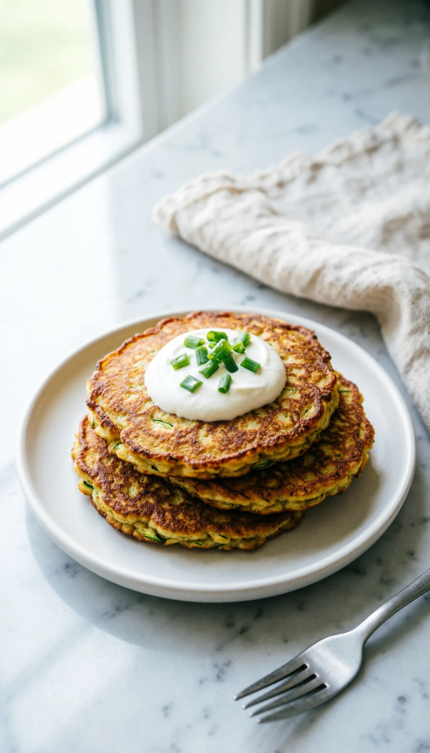 Stack of crispy baked zucchini fritters topped with sour cream and fresh chives on a white ceramic appetizer plate.
