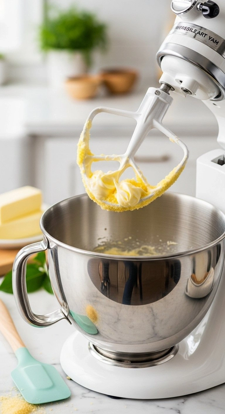 Stand Mixer Paddle Attachment Creaming Fluffy Pale Yellow Butter And Citrus Sugar In A Stainless Steel Bowl.