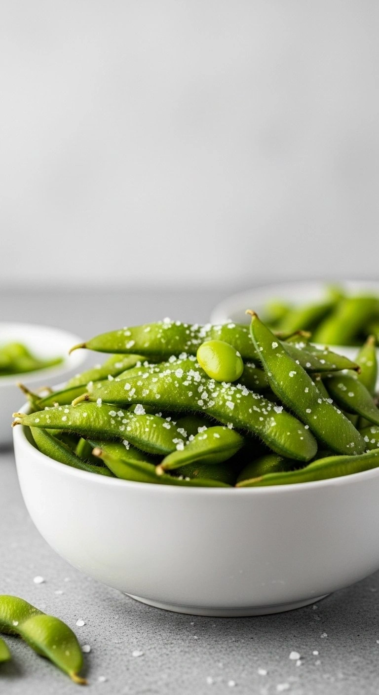 Steamed Edamame Pods Sprinkled With Sea Salt In A White Ceramic Bowl On A Neutral Stone Surface For A Healthy Snack.
