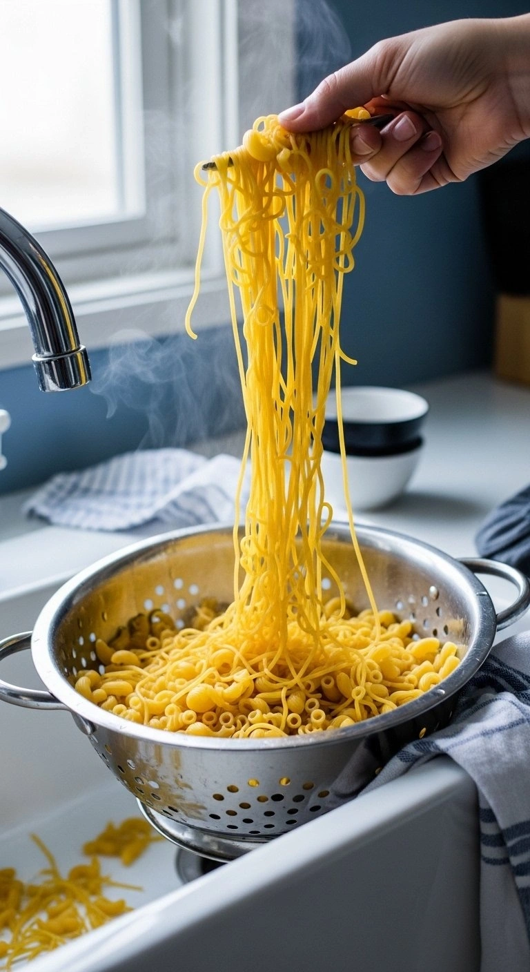 Steaming Al Dente Elbow Macaroni Draining In A Stainless Steel Colander Inside A Clean White Ceramic Kitchen Sink.
