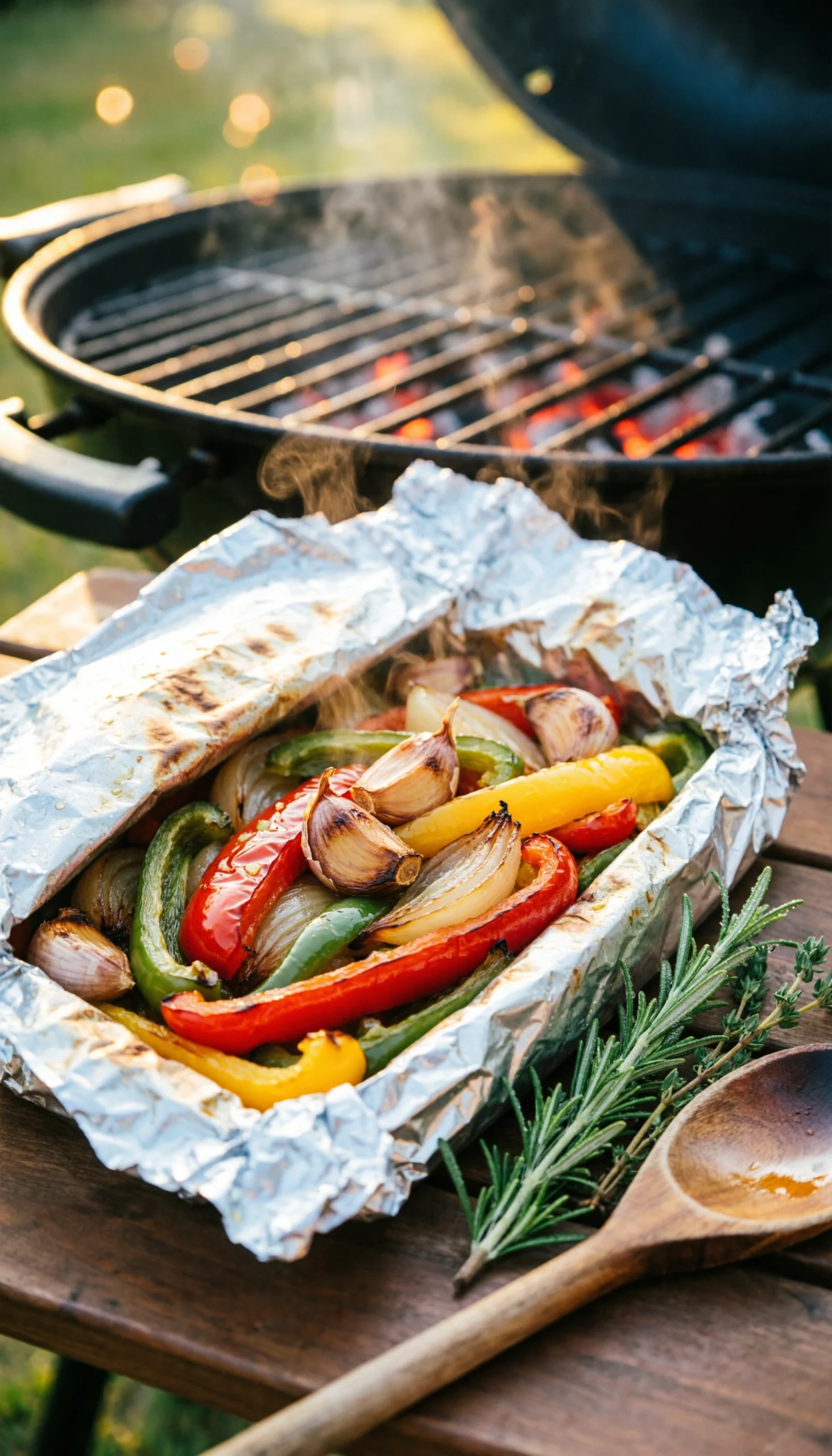 Steaming colorful garlic roasted bell peppers and caramelized onions with whole cloves emerging from an opened foil packet.